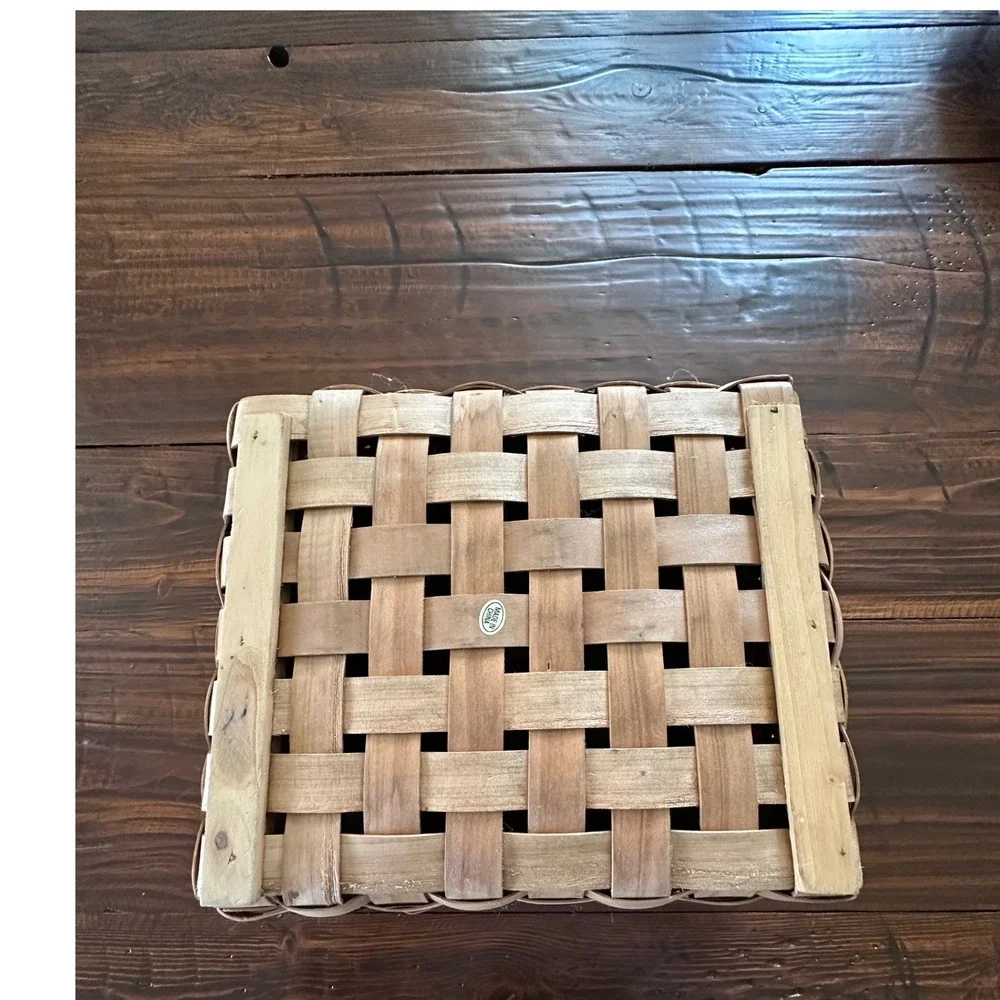 Vintage Woven Wood Splint Apple Basket Farmhouse Decor Swing Handle Rectangular